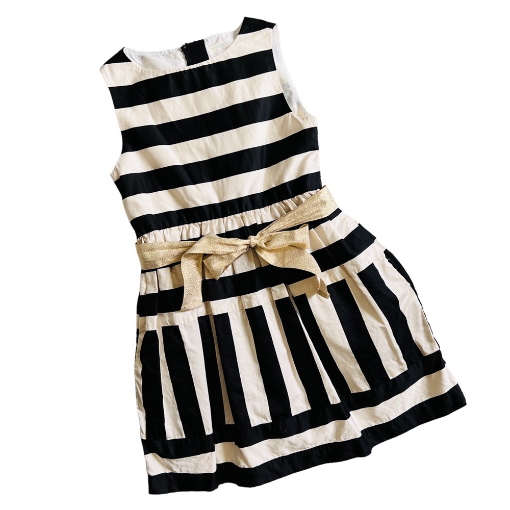 CREWCUTS Kids Cotton Striped Dress Gold Front Tie Black Ivory Gold E8974 Sz 6